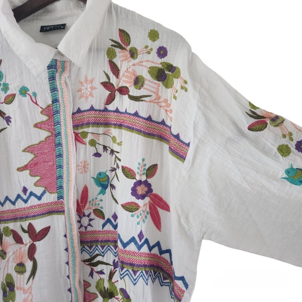 AP.NY New York Embroidered Floral Birds Embroidery Button Front Blouse Top XL - Picture 4 of 11